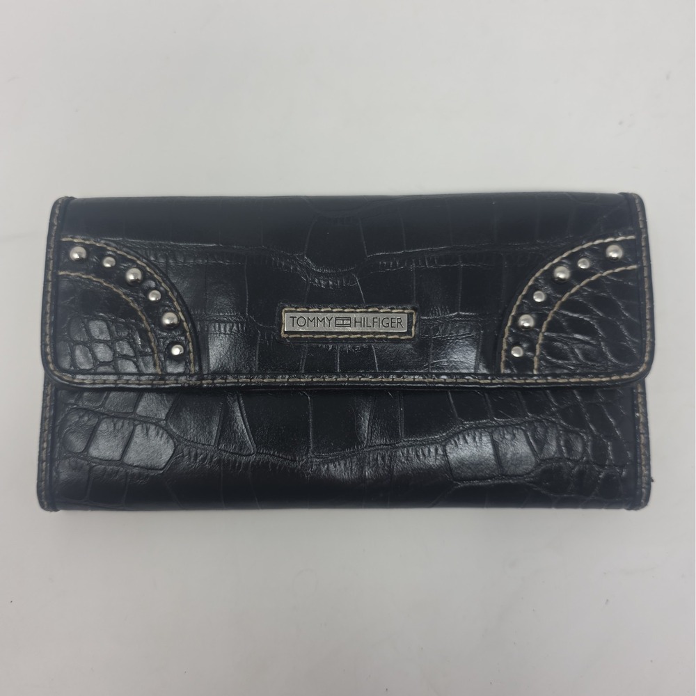 VTG Tommy Hilfiger Black Croc Embossed Wallet Studded Checkbook Organizer Clutch